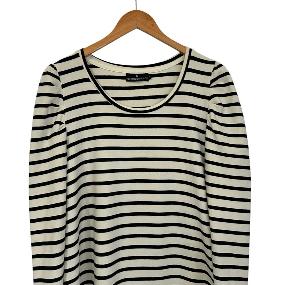 Pomander Place Womens Long Sleeve Striped  Knit Shirt Dress Sz XL Cream Black - Picture 3 of 7